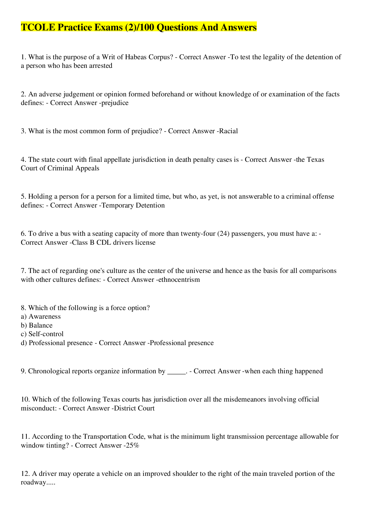 Preview image for TCOLE Practice Exams (2)/100 Questions And Answers